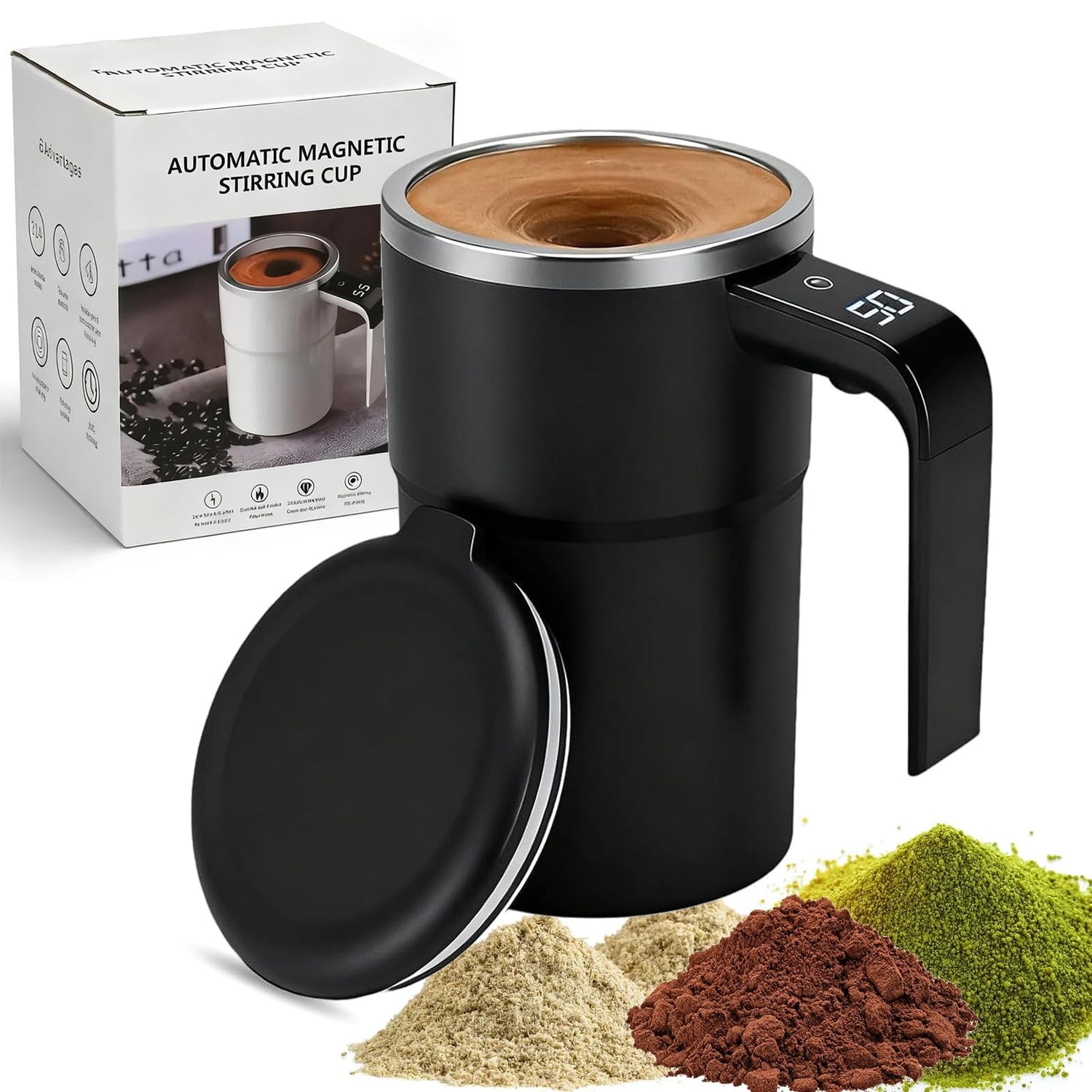 Black automatic magnetic stirring cup with ingredients and packaging on a white background