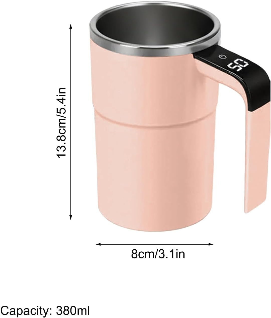 Pink electric mug with digital display and dimensions on a white background
