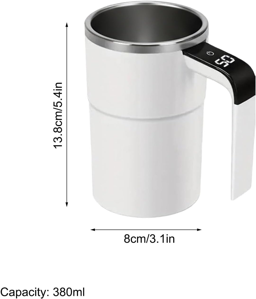 White mug with digital handle and dimensions on a white background